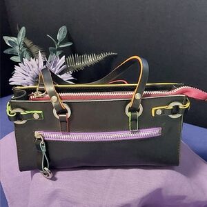 Small Black Zippered Purse w/Bright Colored and Chrome Accents
